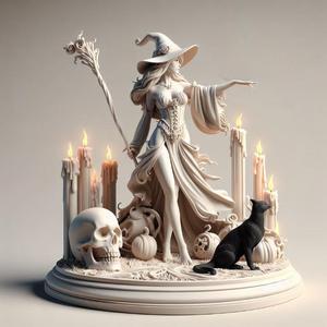 791 White Witch with Candles, Monster and Skull - Full-Body Figurine, magic, sculpture, fantasy, wood, base, sword, warrior, wild, low poly, dragon, dnd, cat, monster hunter, monster, dog, godzilla, fair, pug