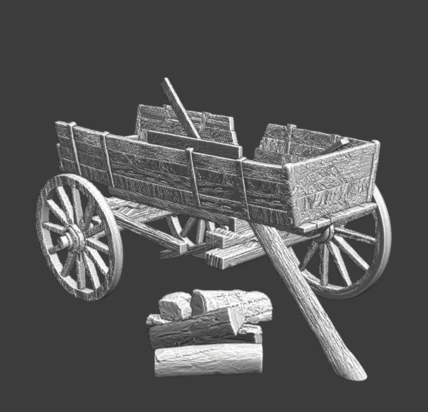 Medieval destroyed and burned wagon - Wargaming props