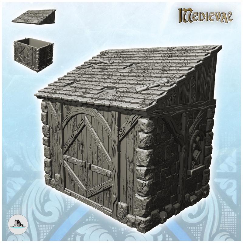 Stone half-timbered annex with large wooden door and tile roof (15) - Medieval Gothic Feudal Old Archaic Saga 28mm 15mm