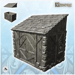 Stone half-timbered annex with large wooden door and tile roof (15) - Medieval Gothic Feudal Old Archaic Saga 28mm 15mm