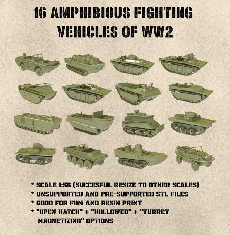 STL PACK - 16 AMPHIBIOUS Fighting vehicles of WW2 (1:56, 28mm) - PERSONAL USE