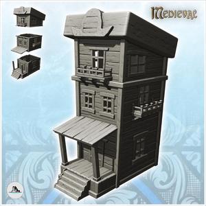 Two-storey medieval wooden building with platform entrance and canopy (8) - Medieval Gothic Feudal Old Archaic Saga 28mm 15mm RPG