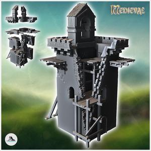 Ruined bell tower with bell and reconstruction scaffolding (10) - Medieval Gothic Feudal Old Archaic Saga 28mm 15mm RPG