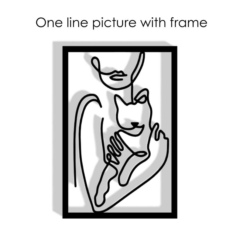 One Line picture "Girl with Cat" with frame