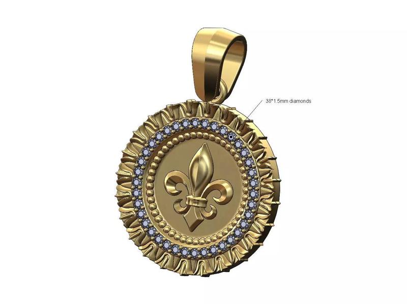 Heraldic lily leaf pattern carving diamond pendant with bail