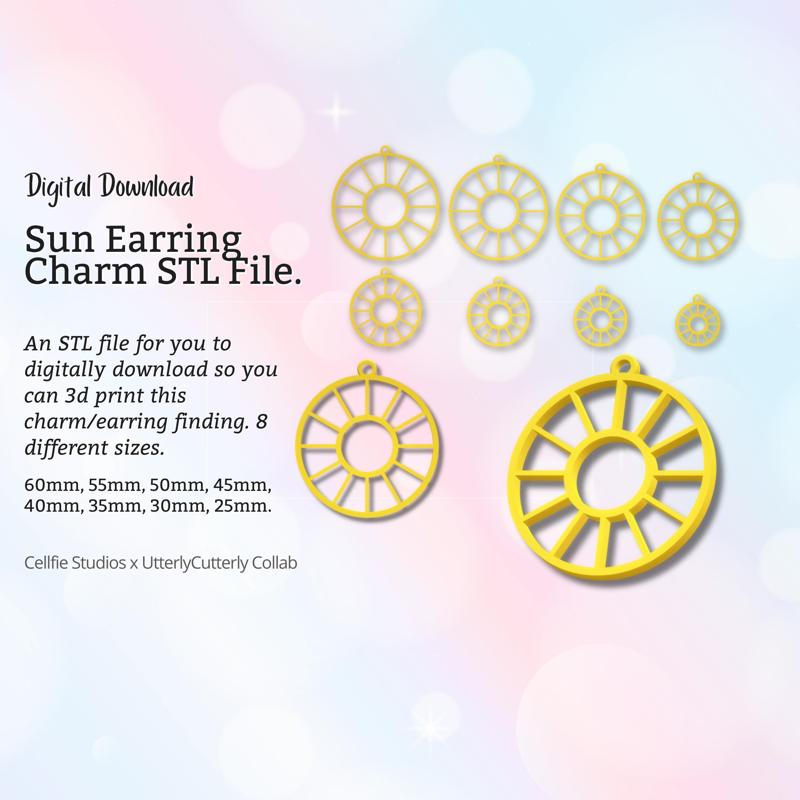 Sun Earring Charm STL File - Digital Download -8 Sizes- Necklace Earring Keyring Modern Design