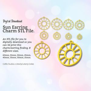 Sun Earring Charm STL File - Digital Download -8 Sizes- Necklace Earring Keyring Modern Design