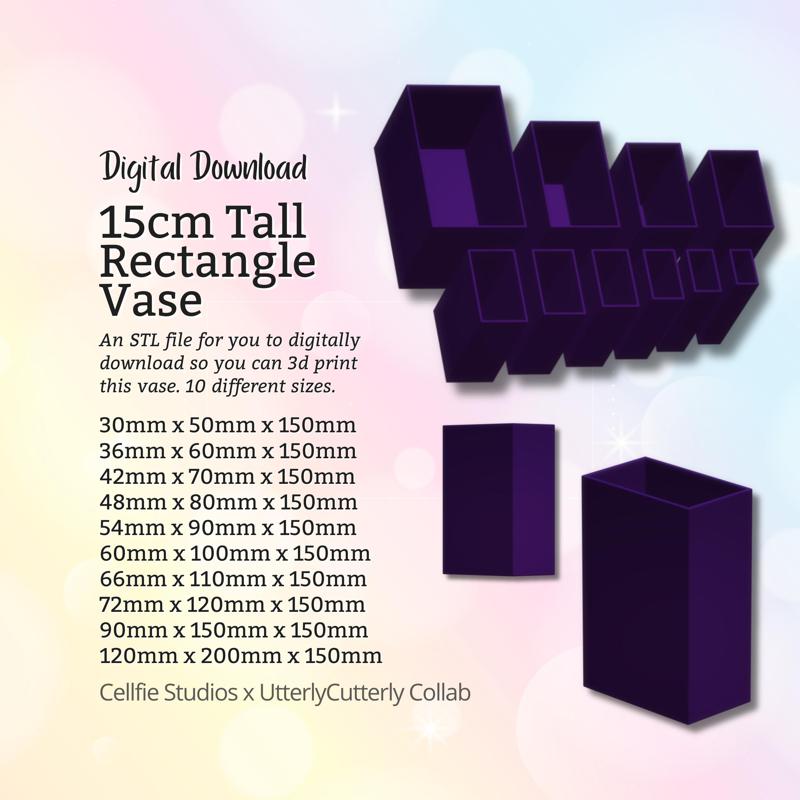 15cm Tall Rectangle Vase STL File - Digital Download -10 Sizes- Homeware, Minimalist Modern Design