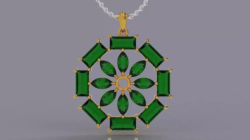 Prong set baguette and marquise cut diamond octagonal pendant