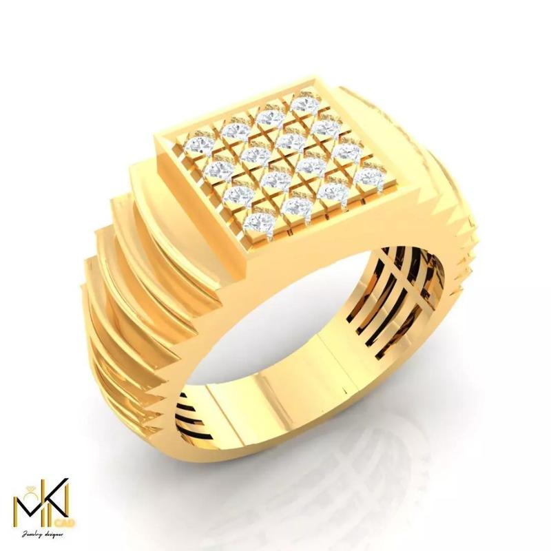 Gold Mens Ring with Diamond Grid   Jewelry