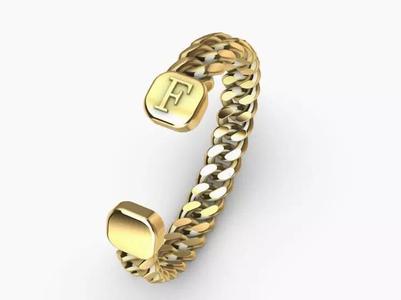 gold initial F miami cuban chain link bangle bracelet