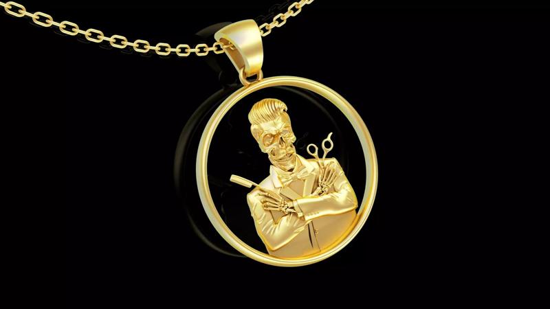 Barber Skeleton Skull Sculpture pendant jewelry gold