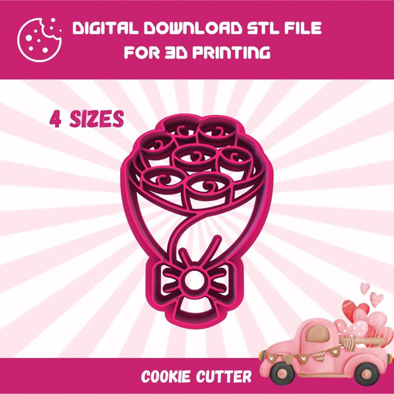 Cutty Clay stl roses bouquet cookie cutter, 4 sizes stl file for 3D printing