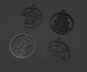 Set of Christmas Ornaments: Star, Stocking, Snowflake, and Christmas Tree