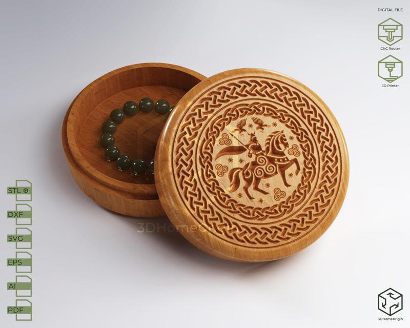 CNC Box - Viking Norse Myth V-Carved Jewelry Box | CNC files for wood router (STL, DXF, SVG, EPS, AI, PDF) and 3D Printer File (STL).