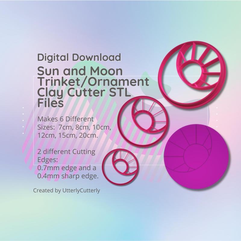 Clay Cutter STL File Large Sun and Moon Trinket/Ornament  - Digital File Download- 6 sizes and 2 Cutter Versions, cookie cutter