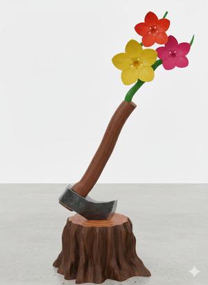 Axe with Blooming Flowers – Symbolic 3D Sculpture
