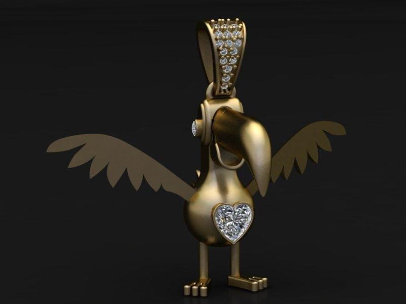 Golden Bird Pendant with Diamond Heart