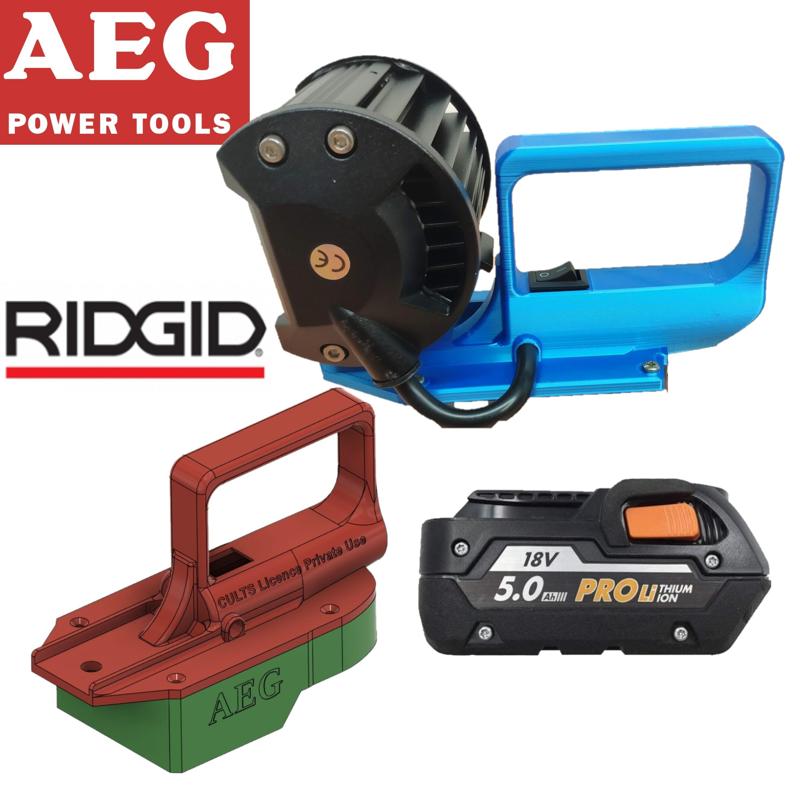 AEG / RIDGID hand-held floodlight with battery over-discharge protection.