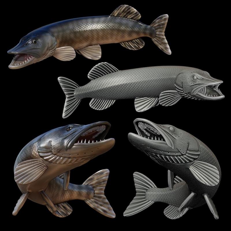NORTHERN PIKE / ESOX LUCIUS open mouth in motion fish model for 3D printing