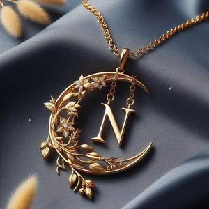 Golden Moon Necklace with  N  Pendant Unique and Elegant Design
