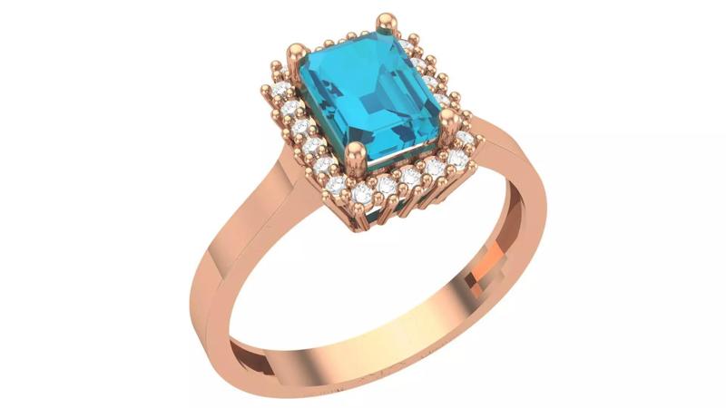 Halo Aquamarine Gemstone Ring 3dm stl render details