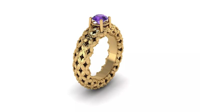 Floral Patterned Gold Ring with Purple Stone