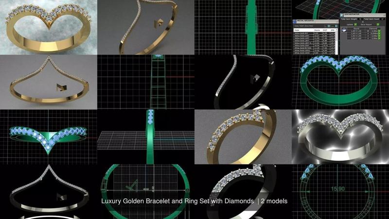 Luxury Golden Bracelet and Ring Set with Diamonds  3D Model Collection