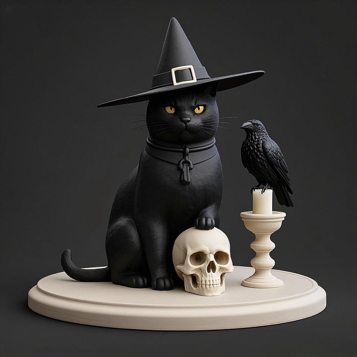 2344 Witch Cat with Skull, Raven, and Candlestick - Ivory-Style Figurine, magic, dragon, serpent, wood, gnome, gorgon, warrior, wild, fox, monster, cat, fair, witch, werewolf, horror, beast, snake, troll, skeleton dance