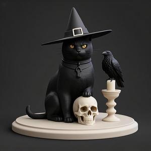2344 Witch Cat with Skull, Raven, and Candlestick - Ivory-Style Figurine, magic, dragon, serpent, wood, gnome, gorgon, warrior, wild, fox, monster, cat, fair, witch, werewolf, horror, beast, snake, troll, skeleton dance