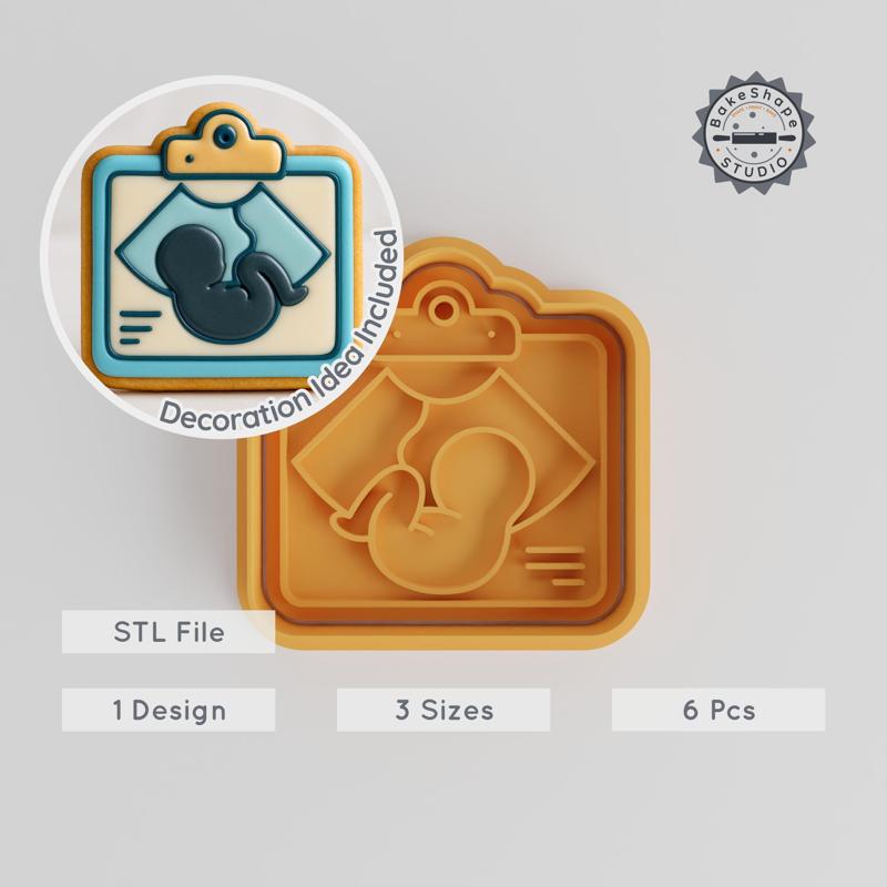 Ultrasound Cookie Cutter & Stamp, Baby Scan, Fondant Cutter, S/M/L Sizes, 6-Piece Set for Baking & Decorating