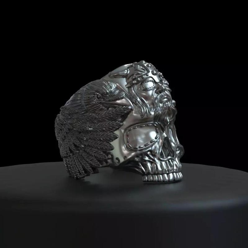 Biker ring skull of vikings God Odin