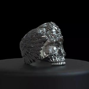Biker ring skull of vikings God Odin