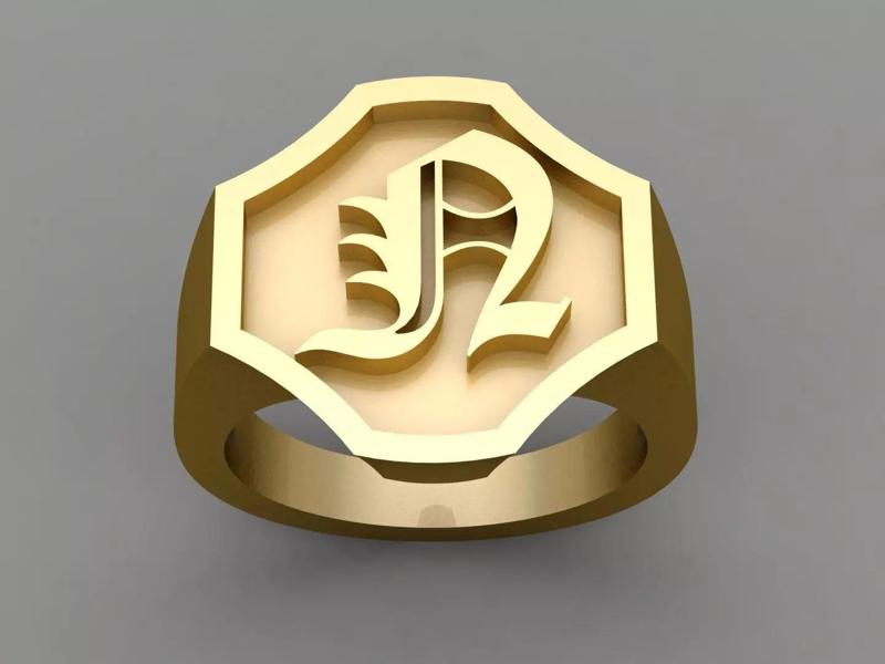 N Letter Solid Gold Signet Ring Monogram Men Ring