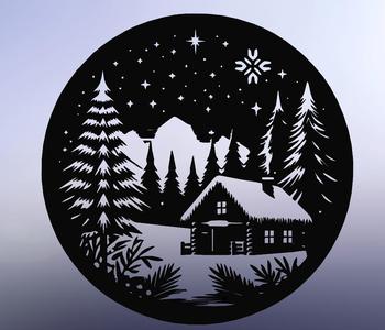 Snowy House with Trees and Mountains – Christmas Line Art
