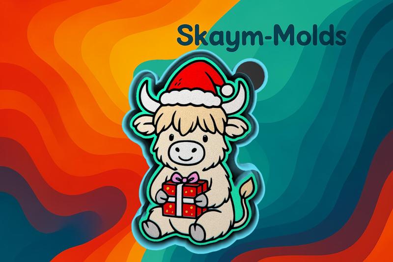 🎄🐮 Christmas Highland Cow Holding a Gift – Freshie, Ornament, Resin & Candle Mold 🐮🎄