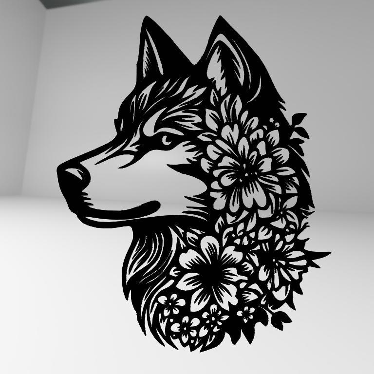 Wolf Head Filled with Flowers - Stunning Line Art