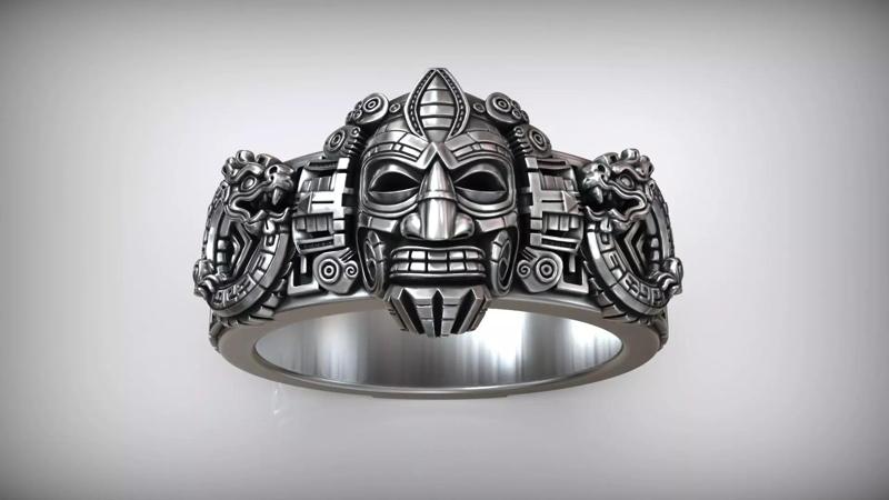 Mayan Traditional Mesoamerica Ornamental Mask Sculpture Ring