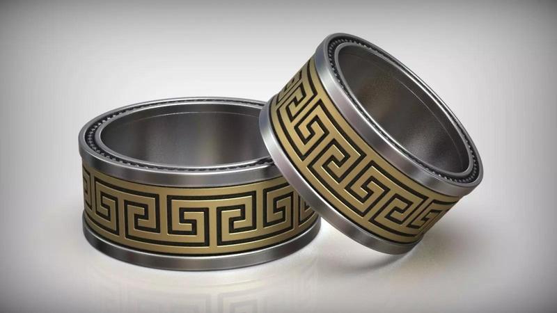 Meander Greek Design Wedding Band Revolving Ring