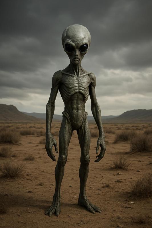 3D Scary Alien Standing in Deserted Land