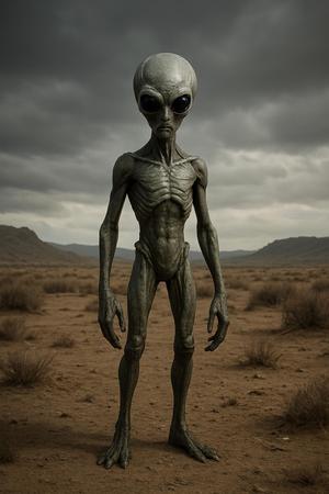 3D Scary Alien Standing in Deserted Land