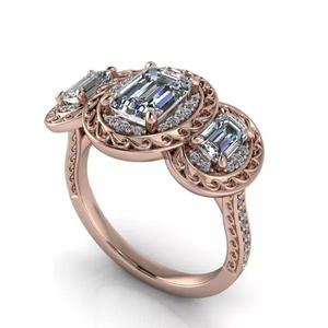 Modern Emerald 3 Stone Bridal Wedding Band Halo design