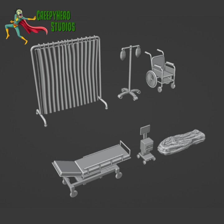 Modern 28mm Scale Medical Furniture Set STL – 3D Printable Hospital Terrain for Miniature Tabletop Wargaming and Dioramas