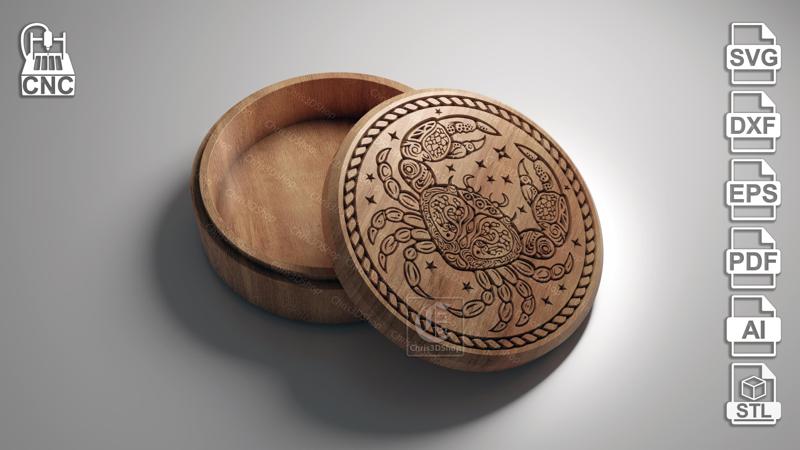 Cancer Zodiac Sign - V-Carved Jewelry Box - Digital Files for CNC Router