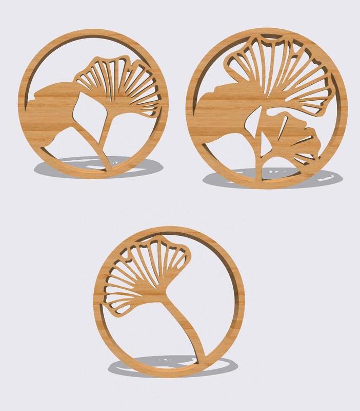 Ginkgo Biloba leaf wall art decor SET of 3 floral round ornaments
