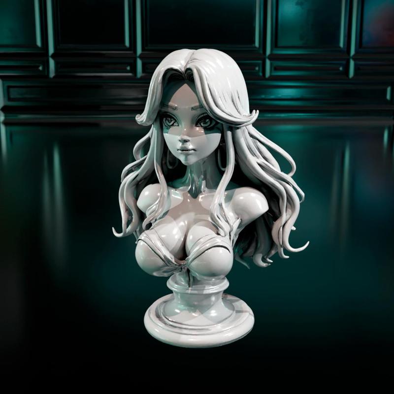 3D Sculpted Anime Idol Girl Bust - Gray Resin Prototype with Seductive Pose - 3D Model Figure