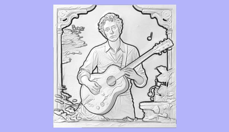 MAN PLAYING GUITAR BAS RELIEF