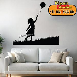 Little girl playing with baloon,svg, STL file