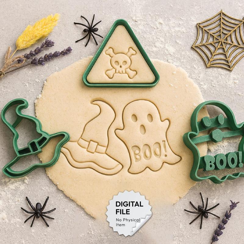 Halloween Cookie Cutter Set, 3 Cute Cake Cutter, Halloween Party Accessories, Ghost - Skull - Witch Hat Figures, 3D STL Digital Download