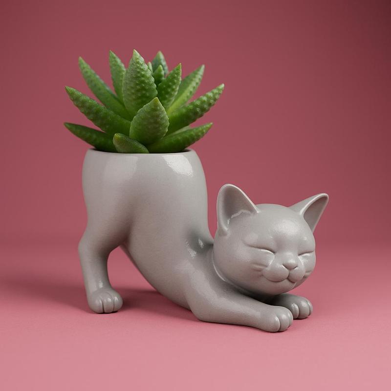 Stretching Cat Planter - 3D Printable Succulent Pot STL File